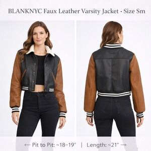 BLANKNYC Faux Leather Varsity Jacket Small Black Brown Sherpa Bomber 01XL5183